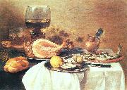 Pieter Claesz A ham a herring oysters a lemon bread onions grapes painting